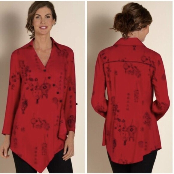 Soft Surroundings Large Kimono Pagoda Tunic Top Red And Black Wrap Shirt - Picture 1 of 12